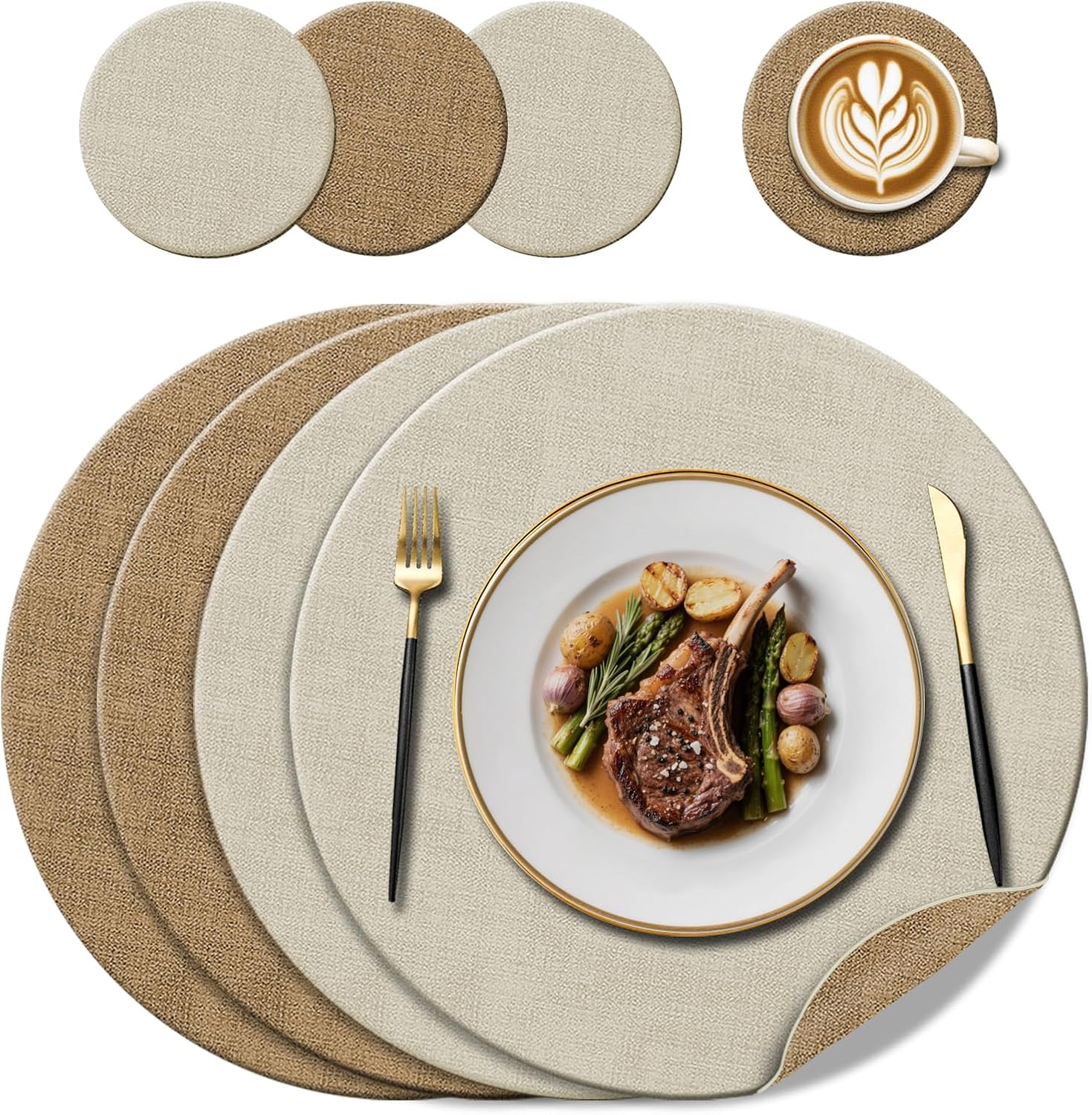 Tischset: aus PU-Leder, 4er-Set, 38cm, beige