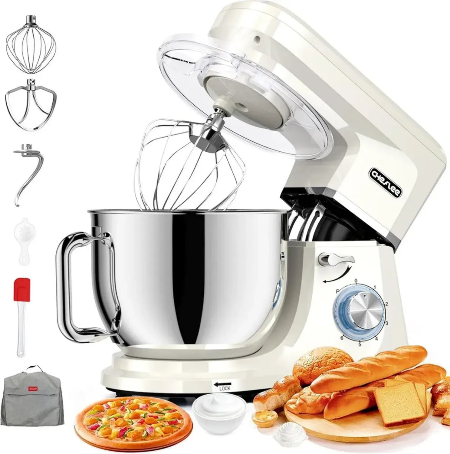 Leistungsstarke 2000W Küchenmaschine, 8L Edelstahlschüssel, 6 Geschwindigkeiten, Geräuscharmer Teigkneter mit Knethaken und Schneebesen