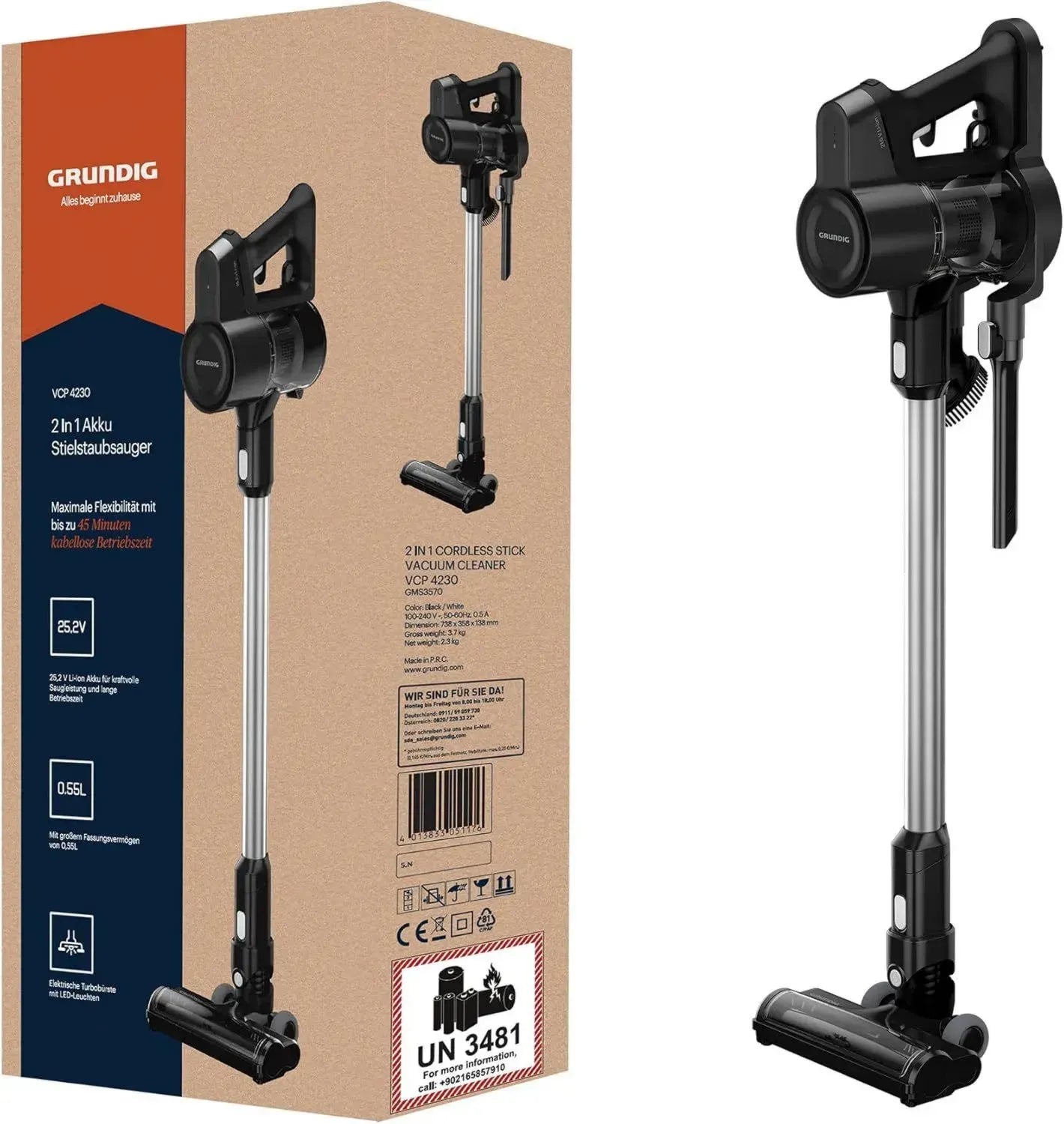 GRUNDIG VCP 4230 Kabelloser Stielstaubsauger, 150W Motor, 2 Saugstufen, 25,2V Li-Ion Akku, 550ml Staubbehälter, Laufzeit bis 45 Min, 80dB, Weiß/Schwarz